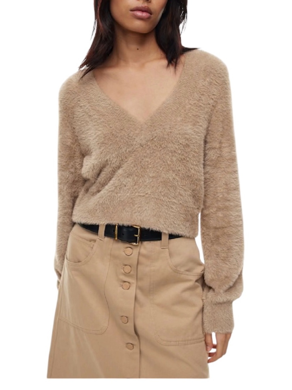 SUNDAY BEST Women's Kitten Fuzzy V-Neck Sweater Cropped Balloon Sleeves S Tan